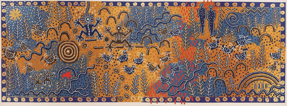 SmithsonianNMAI's tweet photo. Creation Story by Maidu/Native Hawaiian artist Harry Fonseca, an 18-foot-wide painting on view at our museum in Washington, D.C., celebrates the act of creation itself and the enormous, complex, and magical world that resulted. #BofAMasterpieceMoment 
https://t.co/LWZAqYbHE8 https://t.co/eX1JXWYqMB