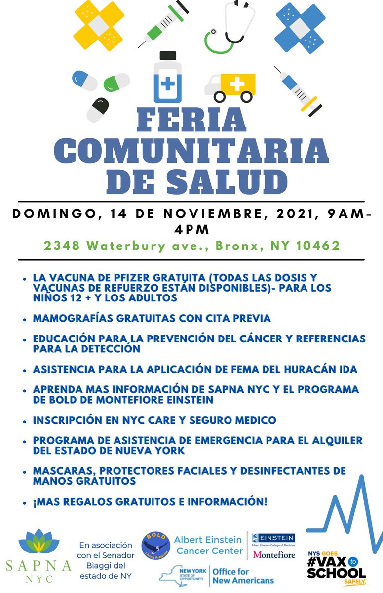 Come through this Sunday @ Sapna NYC for our community health fair. Everything is free! 
- COVID vaccines 💉 
- Mammograms 
- Health insurance enrollment 
- Application assitance: rental assitance, SNAP, FEMA Ida relief
- Health education
- Free PPE &amp; giveaways