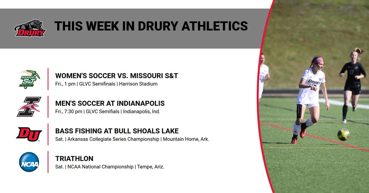drurypanthers's tweet photo. This Week in Drury Athletics - @drurywsoc hosts the GLVC semifinals &amp; finals, volleyball Senior Day is Friday, both DU basketball teams in action this weekend https://t.co/LP0aH93efW