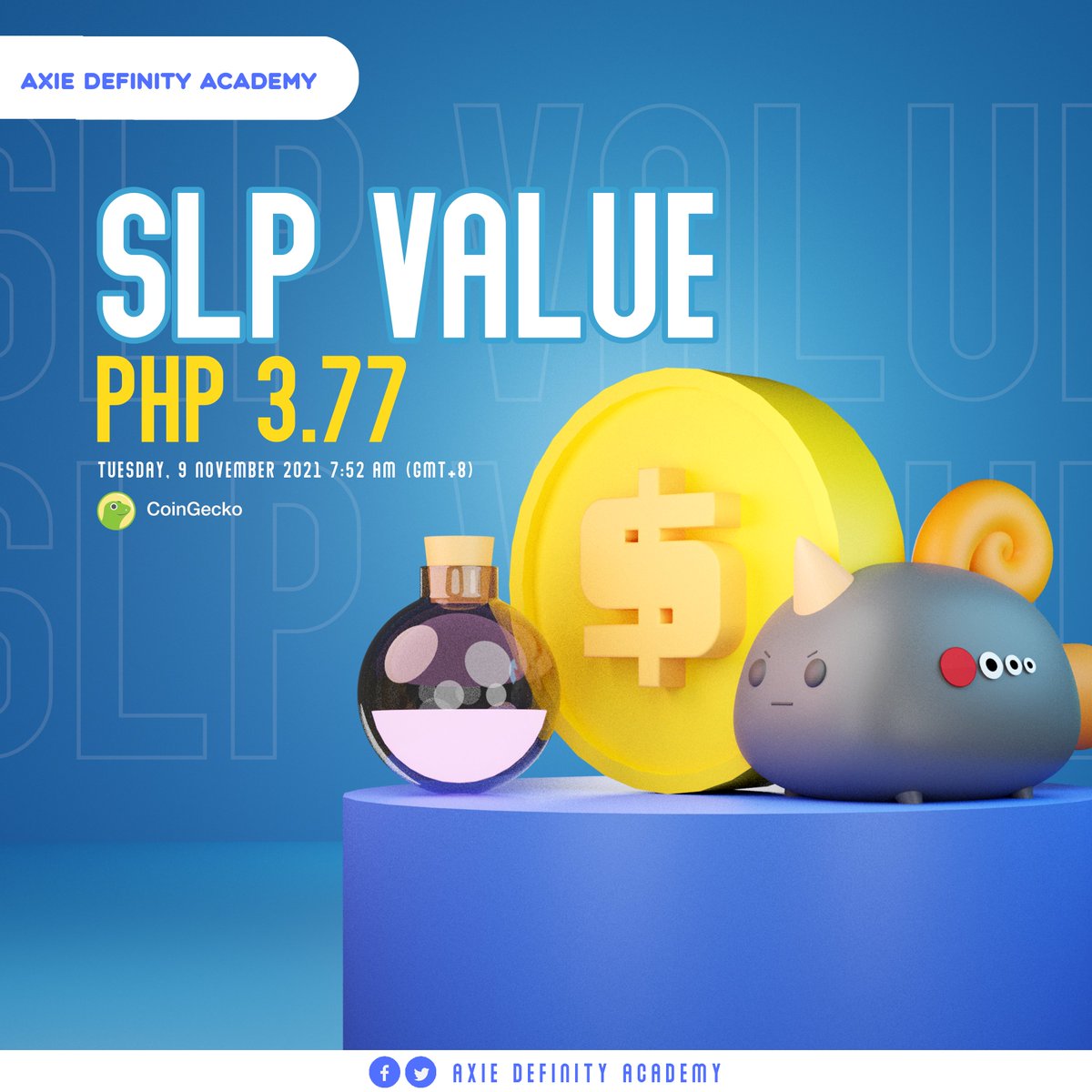 DefinityGG's tweet photo. 🔷SLP PRICE CHECK!
As of 9th of November 7:52 AM PST, the current price of Smooth Love Potion is ₱ 3.77
Source: CoinGecko
Join our community:
Discord: https://t.co/FfLJT3XEW1
#AXIE #SLP #AxieInfinity #AxiesUpdates #AxieScholar #AxieDefinity https://t.co/FXqzvs5UdD