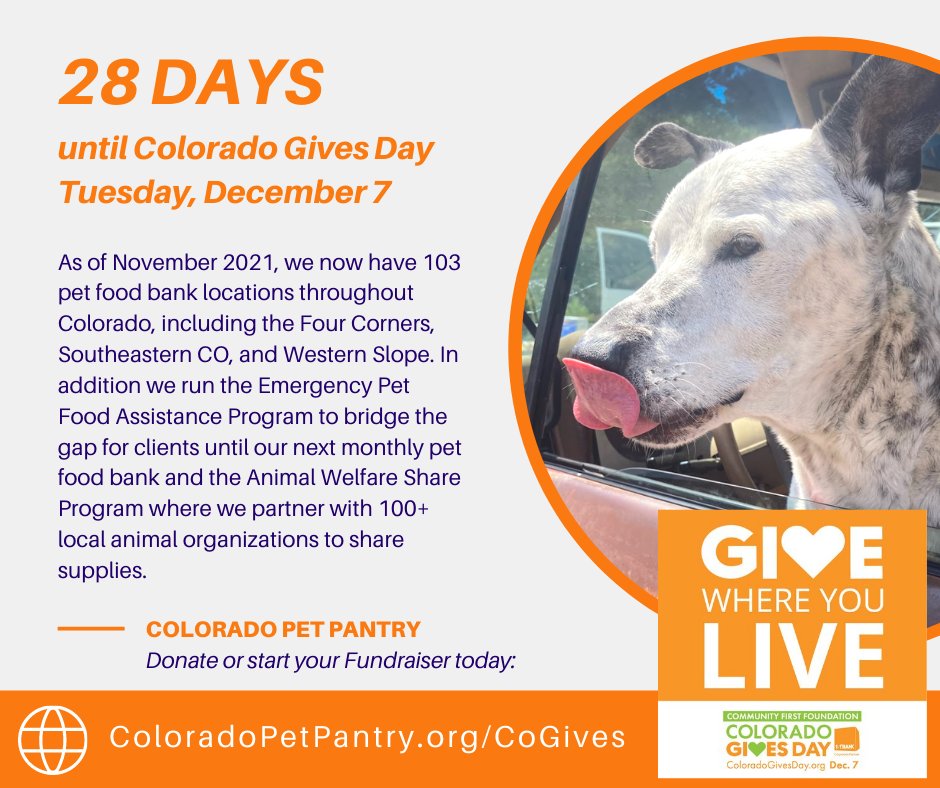 COpetpantry's tweet photo. 📅 28 days until CO Gives Day! 💟
Colorado Gives Day is the most important fundraising day of the year for us!
#COGivesDay Colorado Gives Day is Tuesday, December 7
Go to: https://t.co/R7N9cGljcQ
@CoGivesDay #givewhereyoulive #givingtuesday #cogives #doingmypartco https://t.co/g6FODdvFol