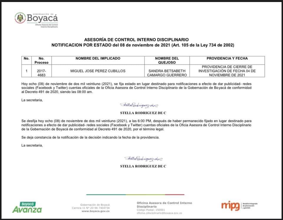 ControlDiscBoy's tweet photo. Desfijación estado del 08 de noviembre de 2021 (Art. 105 de la Ley 734 de 2002) https://t.co/5YpvecU8GT