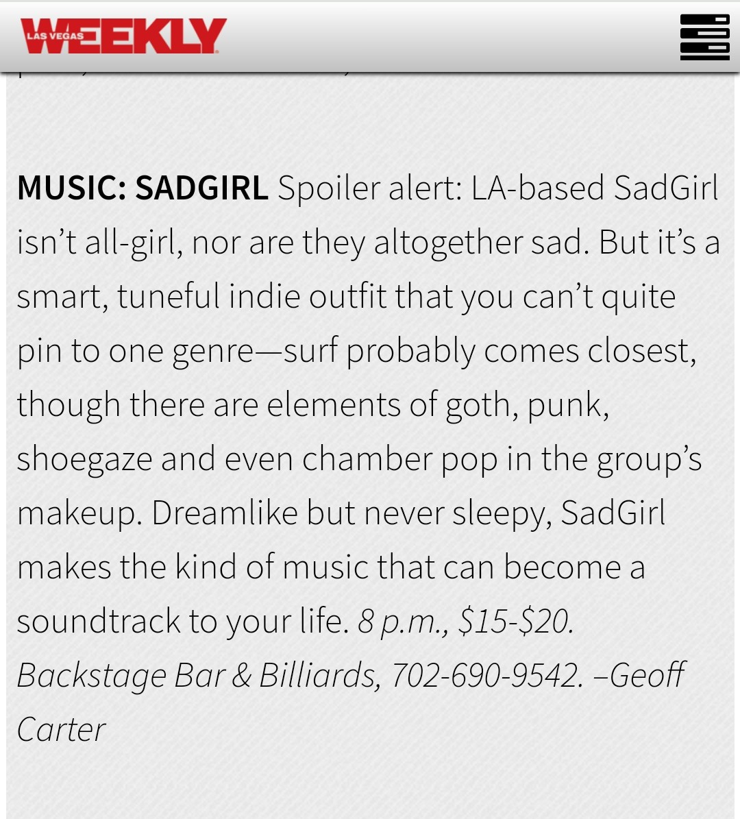 BackstageBarLV's tweet photo. 🎟️ AS SEEN IN @lasvegasweekly 🎟️

🎸 @wearesadgirl presented by @smashmagazine⠀

📅 WED NOV 10 // ⏰ 8PM // 🔒 21+⁠

🎫 link in bio (https://t.co/DmVvIWLk7N)

#seeyabackstage #dtlv #livemusickeepsmusicalive #vegaslocals #rockandrollforthebigkids #sadgirl https://t.co/XTALCSuzM6