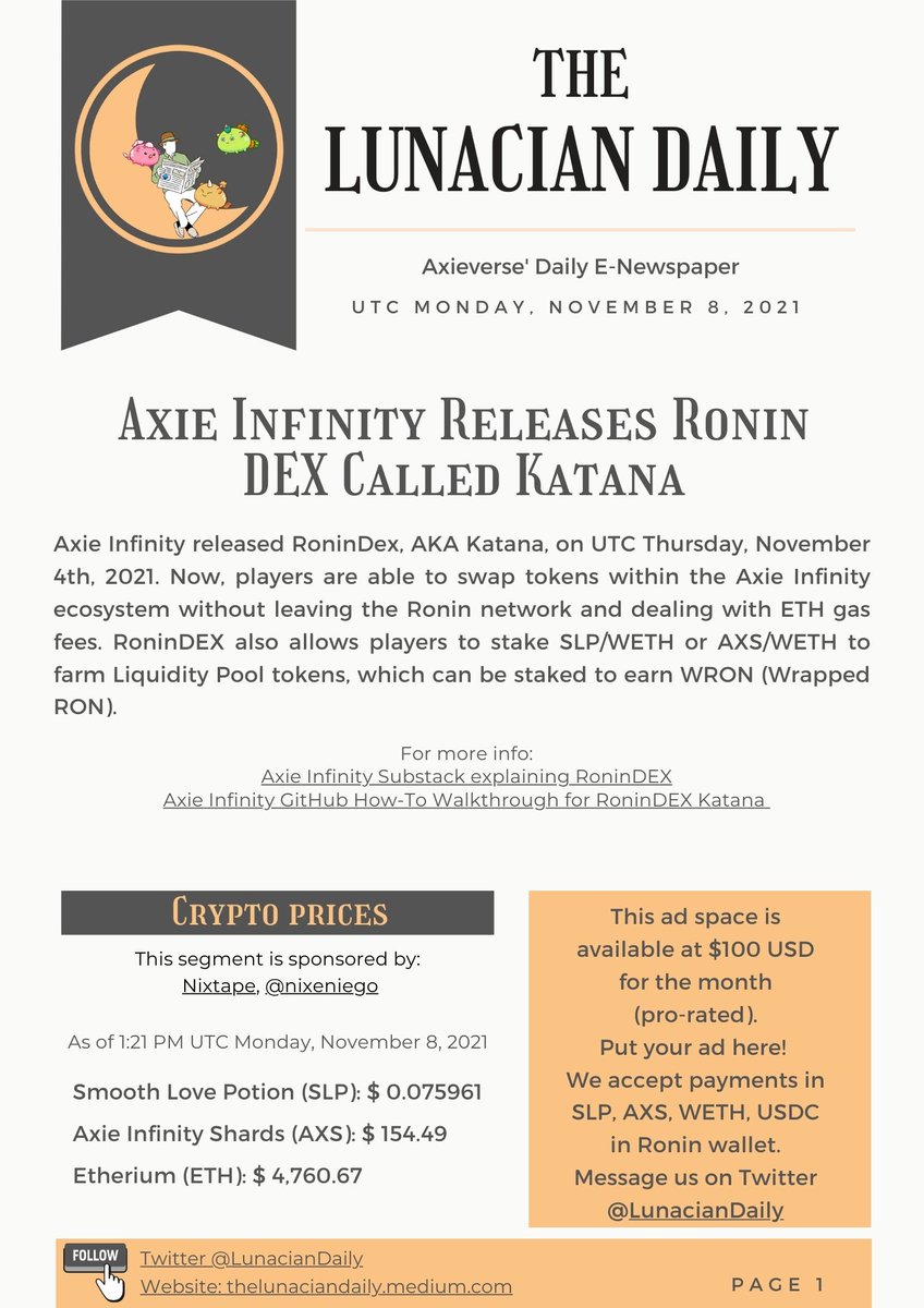 LunacianDaily's tweet photo. The Lunacian Daily first ever issue is now live! UTC MONDAY NOVEMBER 8, 2021! PDF link coming real soon. But for now, here are the JPEG files of the PDF. Please bare with us. Page 1-4 out of 13. https://t.co/NfI6LTsv0G