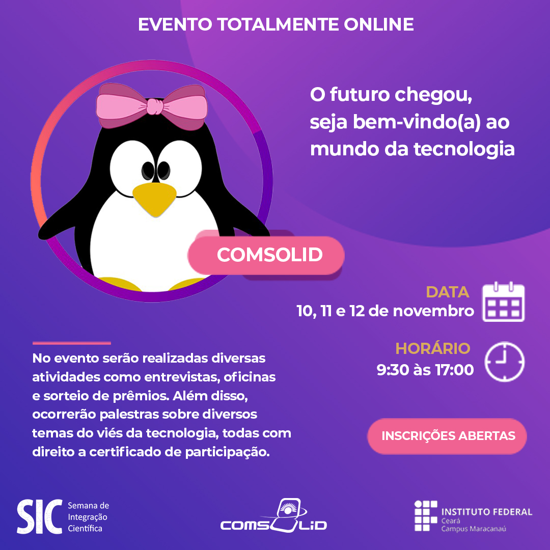 Entramos na contagem regressiva para o COMSOLiD, o evento tá muito irado esse ano!

Lembrando que só serão contemplados com prêmios e certificados aqueles que estiverem inscritos nas palestras que irão assistir.

Link para inscrição:
sic2021.4.events/#/eventos/coms…