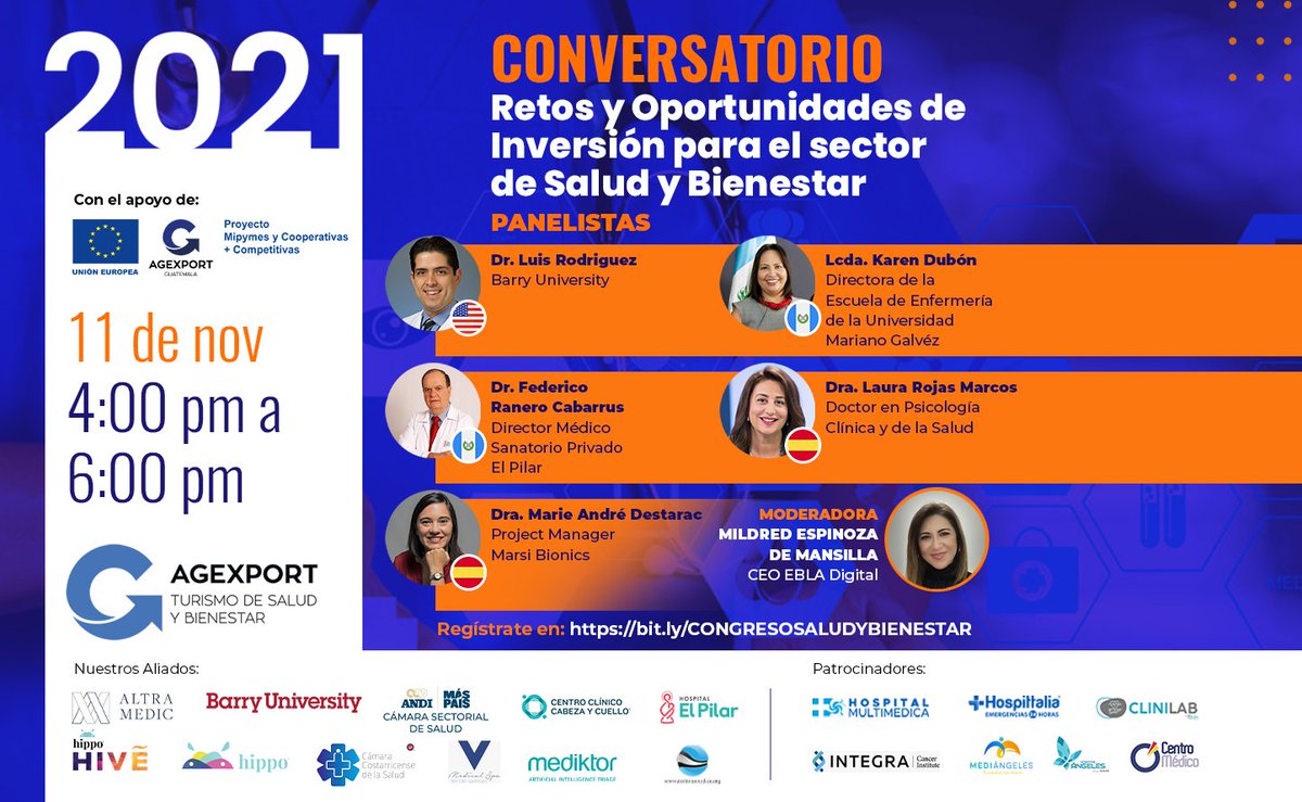 El jueves 11 de noviembre a las 4pm tendremos un panel de expertos que hablarán las sobre los retos y oportunidades de inversión para el sector salud en Latinoamérica.
Inscríbete gratuitamente al 1er. Congreso de Salud y Bienestar: bit.ly/congresosaludy…