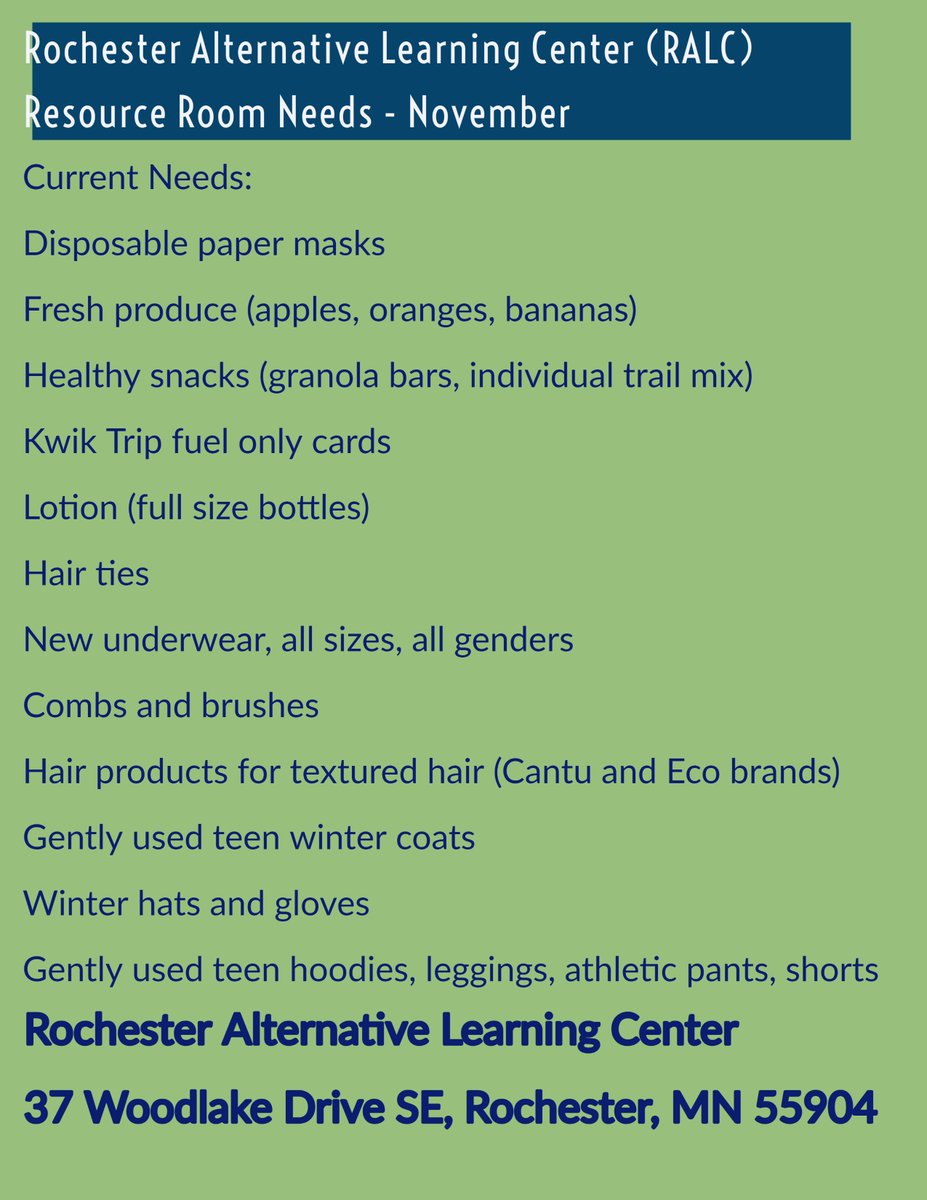 cathynathansb's tweet image. Updated list of needs for the #rochmn @rps535 Alternative Learning Center Community Resource Room - can you donate?