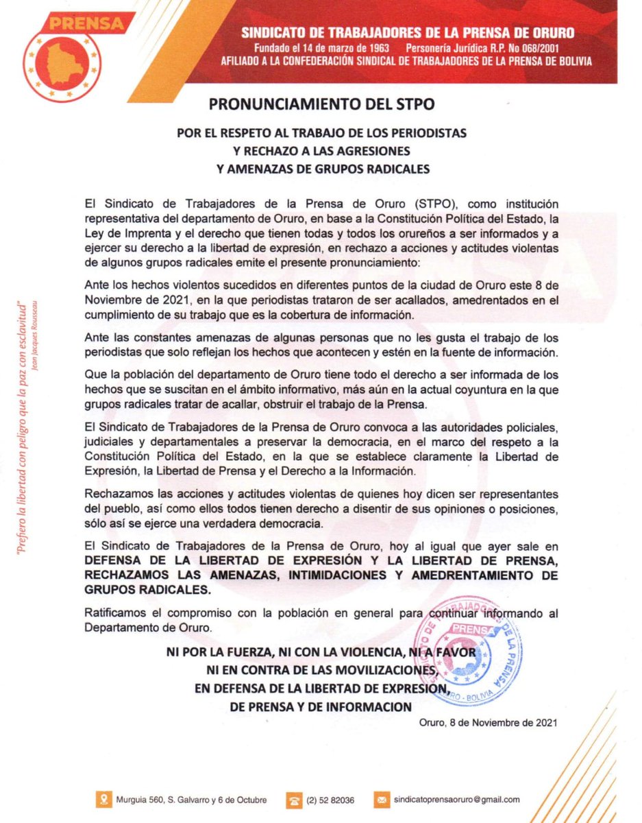 YessicaPomaT's tweet photo. #deÚltimo 
Pronunciamiento del Sindicato de Trabajadores de la Prensa de #Oruro, en rechazo a las agresiones y amenazas de grupos radicales que amedrentaron y agredieron a periodistas de Oruro https://t.co/0c7YjIfchO