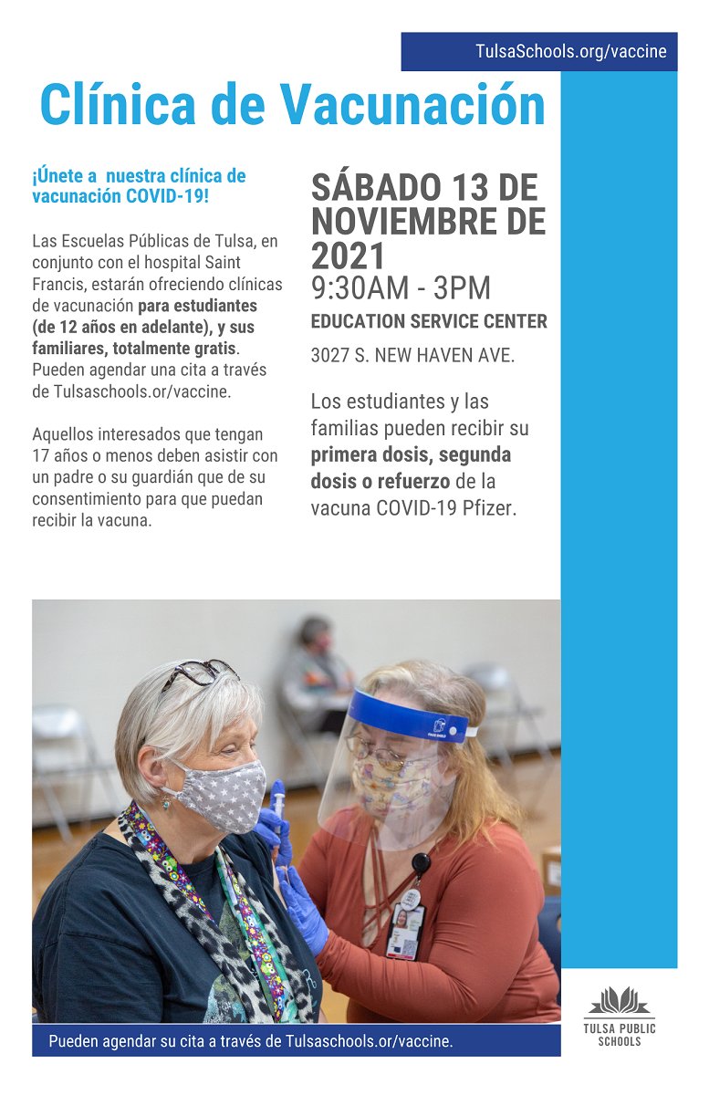 TulsaSchools's tweet photo. Hemos unido fuerzas junto con el Hospital Saint Francis para ofrecerles clínicas de vacunación contra el COVID-19. Visítanos el 13 de Noviembre, de 9:30 a.m. a 3 p.m. en el Education Service Center y recibe la vacuna contra el COVID-19. Agendar su cita en Tulsaschools.or/vaccine. https://t.co/Mv3MmqNl2f