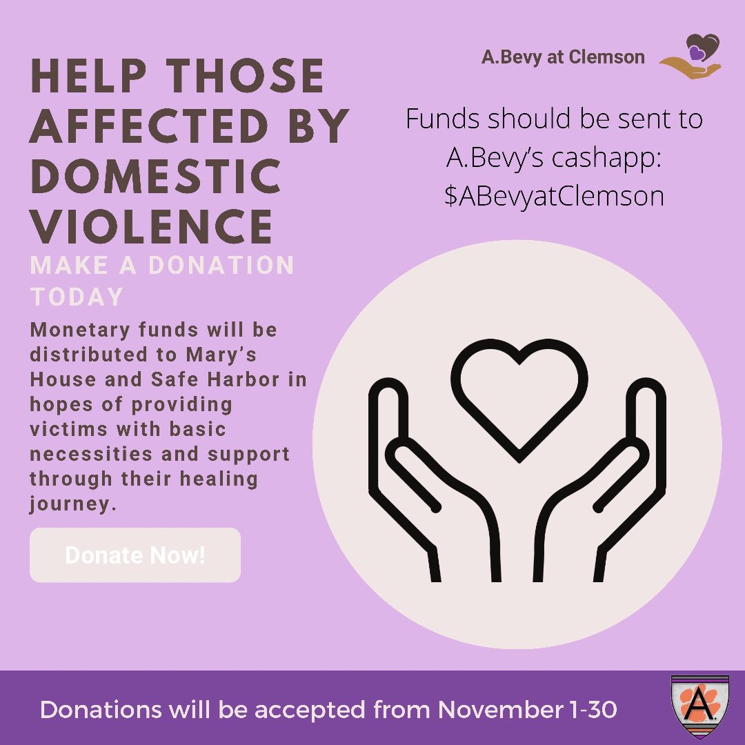 In continued support of Domestic Violence Awareness, we are holding a donation! Funds can be sent to our cashapp: $ABevyatClemson
Donators will be entered into a drawing for a giftcard! Thank you all in advance for the support. Let’s continue to promote awareness! 💜💜