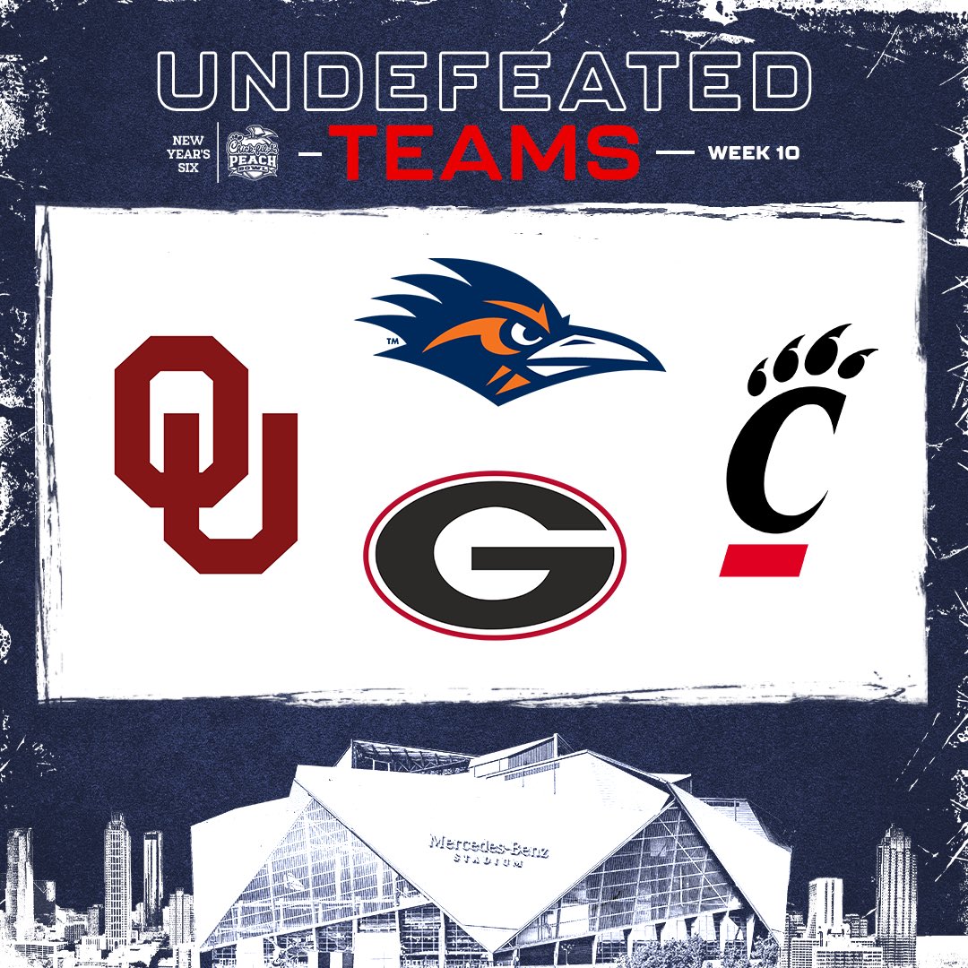 …and then there were 𝗙 𝗢 𝗨 𝗥 🙌

<a href="/GeorgiaFootball/">Georgia Football</a> 
<a href="/GoBearcatsFB/">Cincinnati Football</a> 
<a href="/OU_Football/">Oklahoma Football</a> 
<a href="/UTSAFTBL/">UTSA Football 🏈</a> 

RT this &amp; let us know if your team is still undefeated 🗣