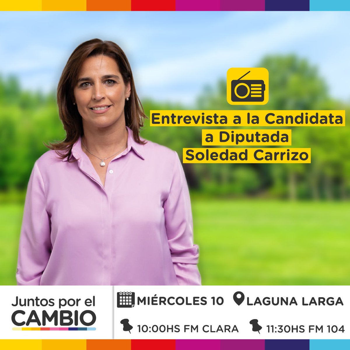ucrlagunalarga's tweet photo. Te invitamos este Miércoles a escuchar a la candidata a Diputada Nacional Soledad Carrizo en FM Clara y FM 104.
@MSoleCarrizo
#JuntosPorElCambio https://t.co/fNE0UjrWND