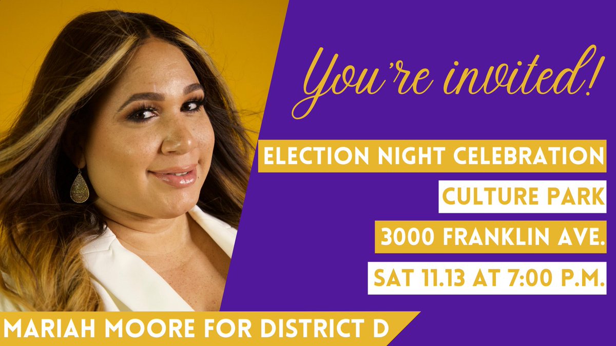 Moore4DistrictD's tweet photo. You’re invited! Join me Saturday night for an Election Night Party at Culture Park! Outdoors. Proof of vaccine or negative test result from within the last 72 hours required. I can’t wait to celebrate our people-powered movement. https://t.co/hYi5lCLgy2