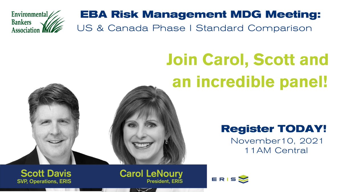 US - Involved with #EnvironmentalDueDiligence? #ERISInformation to present a US &amp; Canada Phase I Standard Comparison at the EBA Risk Mgmt Meeting on Wed Nov 10th, 11AM CST.  

REGISTER for FREE: ow.ly/MuXn50GIs4h