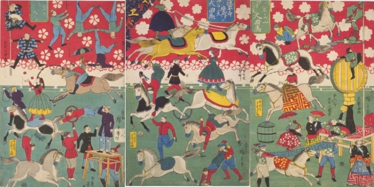 人や馬の飛び交う一風変わった浮世絵。明治5（1872）年のフランスの