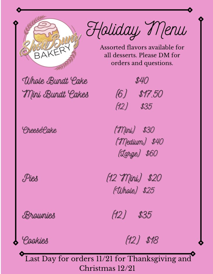 ShonBunz's tweet photo. The holiday season is here! If you don’t have time to bake a sweet treat let us make them for you. Don’t miss out on these delicious treats for the holidays that your family will love. DM for inquiry or questions.

#shonbunzbakery #blackownedbusiness #houstonbakery #scratchmade https://t.co/QAg9x67ZWz