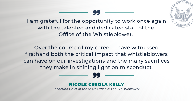 SECGov's tweet photo. The new chief of our Whistleblower Office is Nicole Creola Kelly, who has more than 20 years of experience here at the SEC.