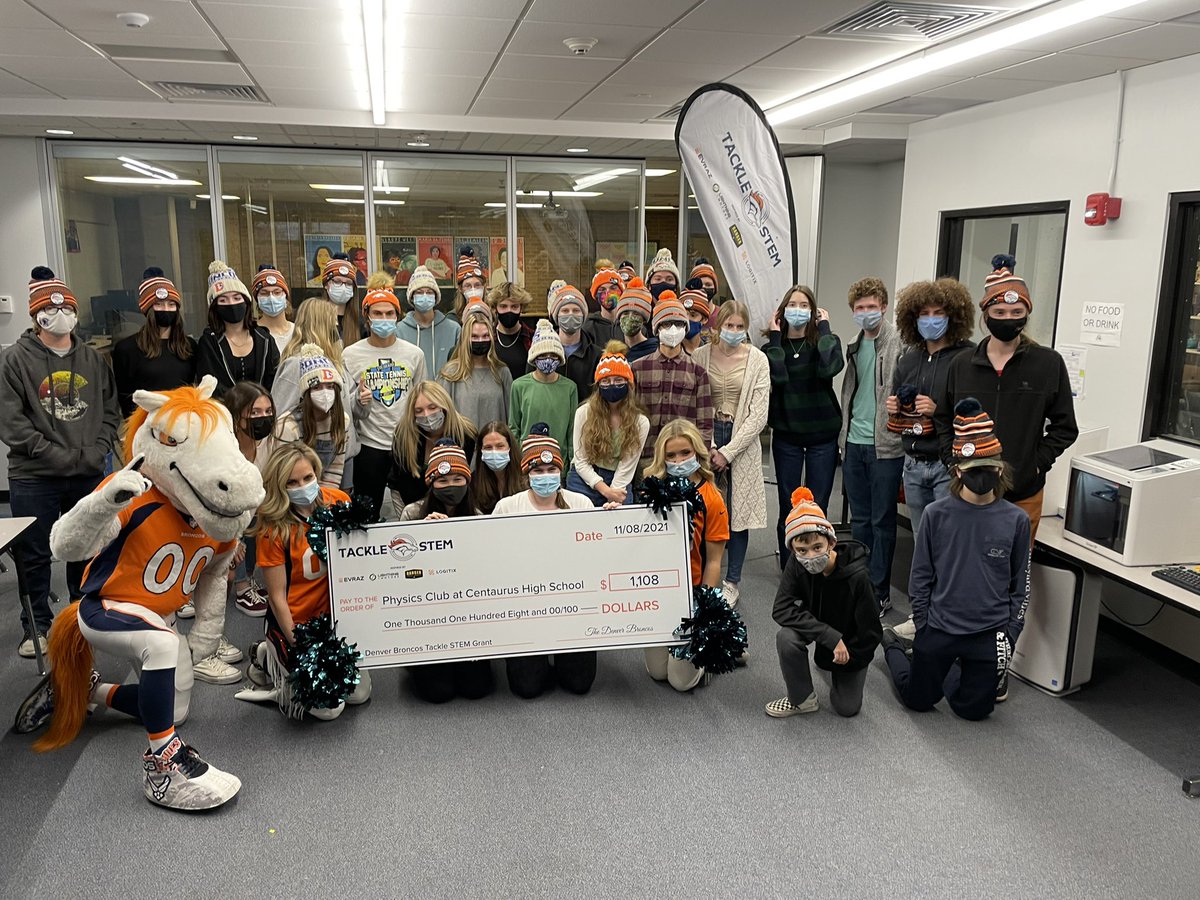 BVSDcolorado's tweet photo. This afternoon @Broncos Cheerleaders and mascot Miles delivered a $1,108 check to the @CentaurusHS Physics Club, supporting their efforts to build a space plane payload as part of the team’s #TackleSTEM initiative! #BVSDProud https://t.co/EjOsv2ZpnR