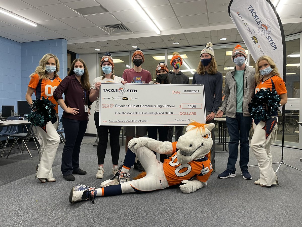 BVSDcolorado's tweet photo. This afternoon @Broncos Cheerleaders and mascot Miles delivered a $1,108 check to the @CentaurusHS Physics Club, supporting their efforts to build a space plane payload as part of the team’s #TackleSTEM initiative! #BVSDProud https://t.co/EjOsv2ZpnR