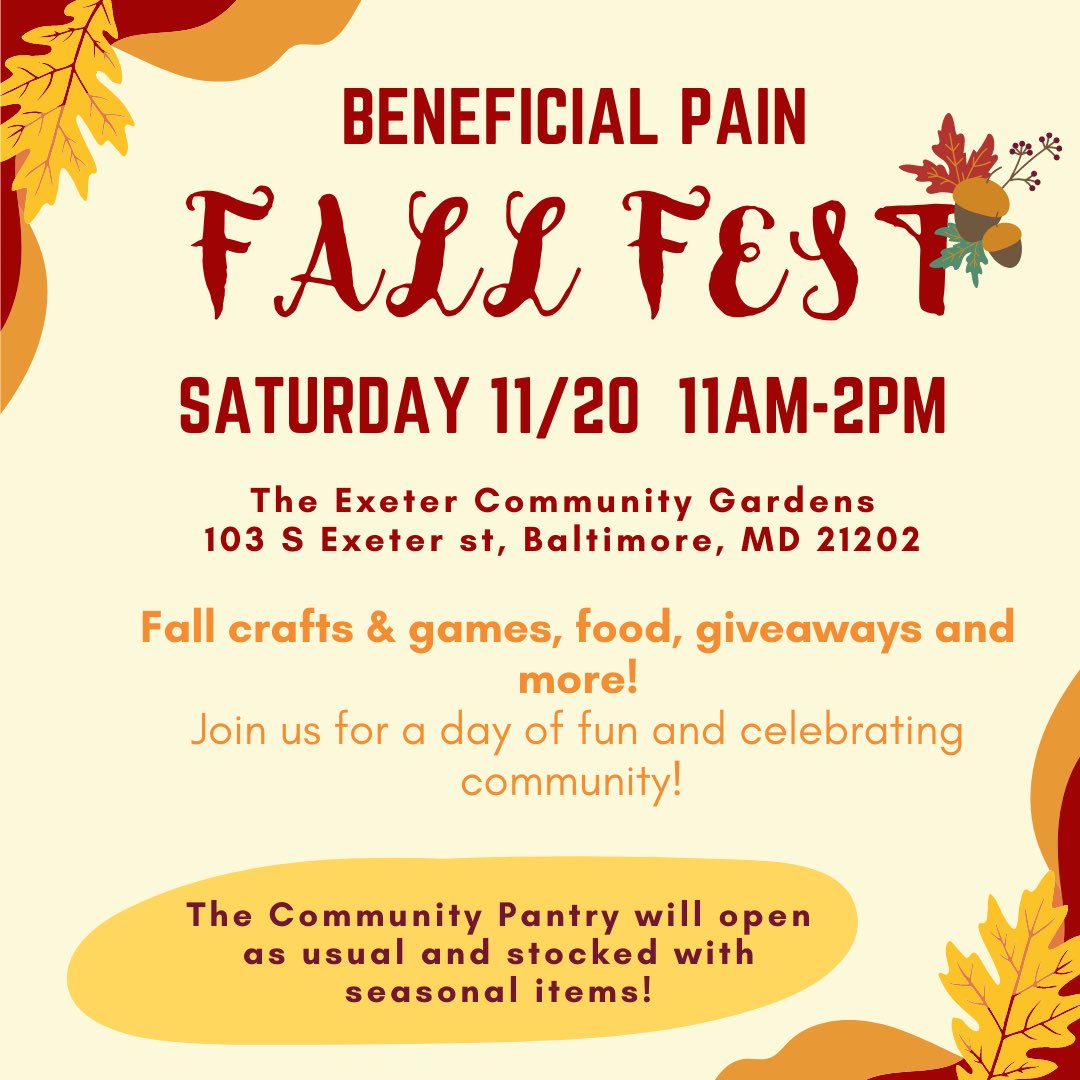 BeneficialPain's tweet photo. In the season of Thanksgiving , we will be having a Fall Fest as part of our Community Pantry program on November 20th at Exeter Community Garden. 

Join us for a a day celebrating community and giving. We will have various kid-friendly activities, refreshments, and giveaways. https://t.co/moNTn7EEmU