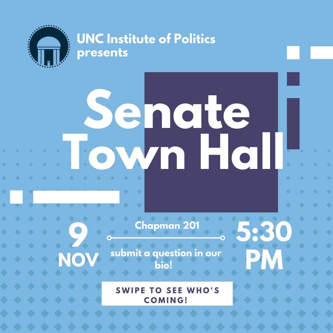 unciop's tweet photo. Our Senate Town Hall is being held tomorrow evening at 5:30 P.M. in Chapman 201, featuring State Senator Jeff Jackson, former State Senator Erica Smith, Dr. Richard Watkins, Dr. Tobias LaGrone, and Jen Banwart. We hope to see you all there! https://t.co/L8s8x2Nxg2