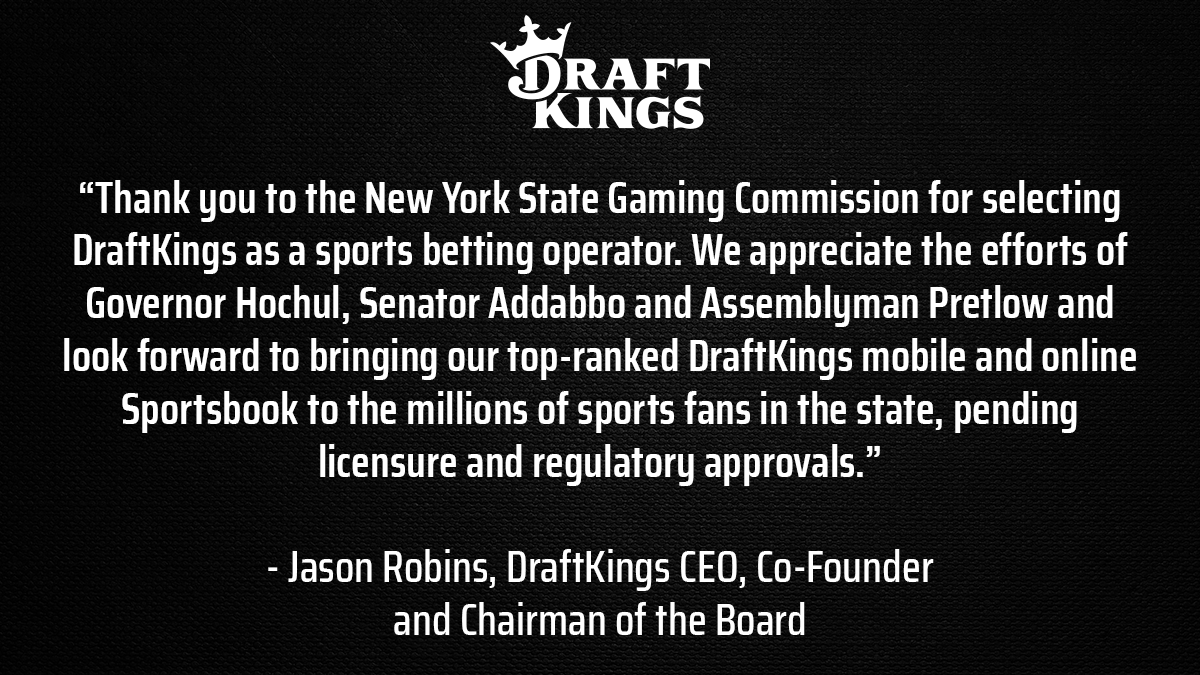 DraftKingsNews's tweet photo. DraftKings' statement on New York mobile sports betting and being selected as a sports betting operator https://t.co/5sJFz2h1Xq