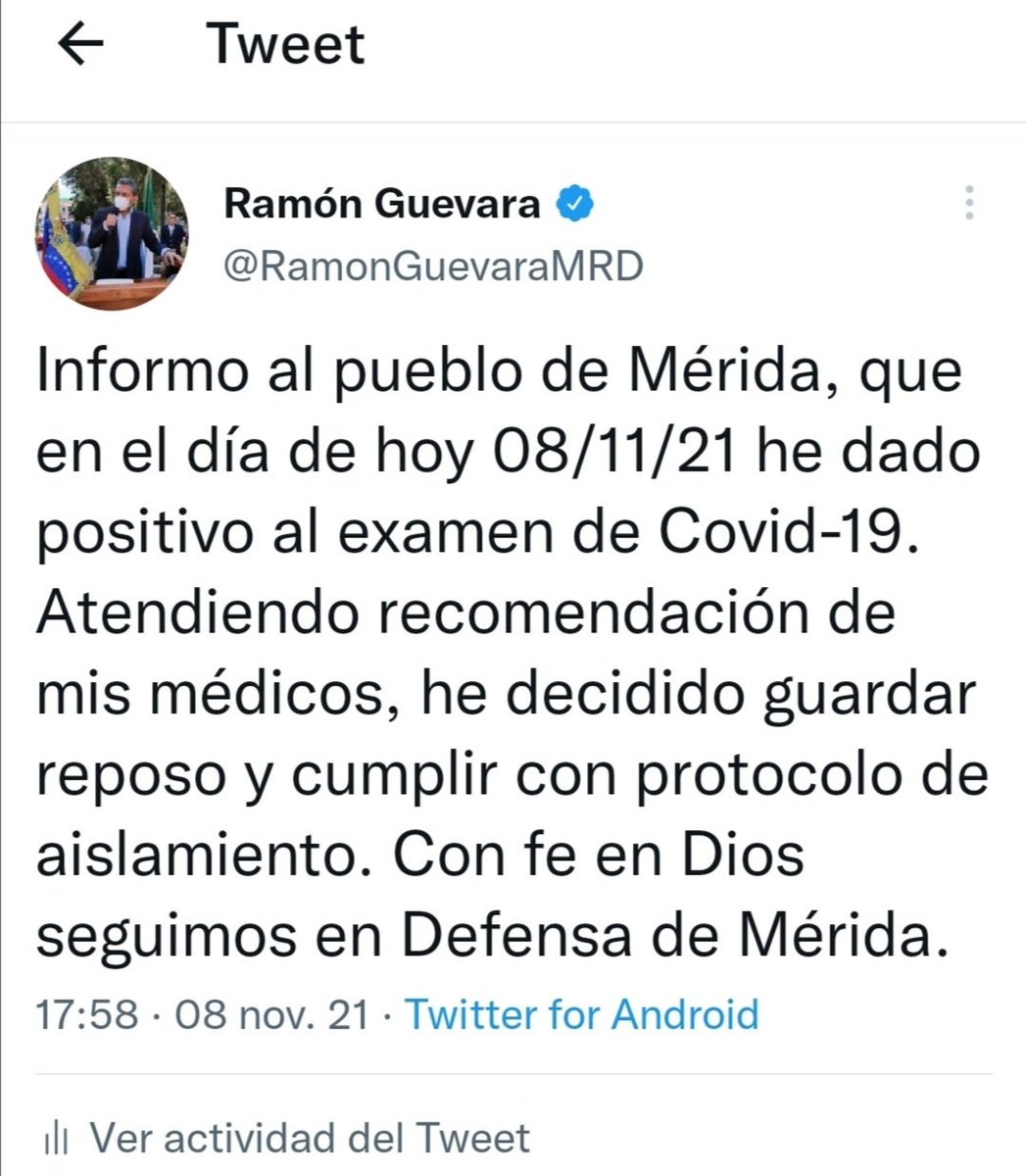 AbilioGomezS's tweet photo. Nuestra solidaridad con el compañero gobernador @RamonGuevaraMRD Ha librado una lucha sin cuartel para aliviar la tragedia que atraviesan los merideños.
Nuestra Fé está con Dios y su pronta recuperación compañero de lucha.
#DefendamosAMerida https://t.co/vWKTCRbPrk