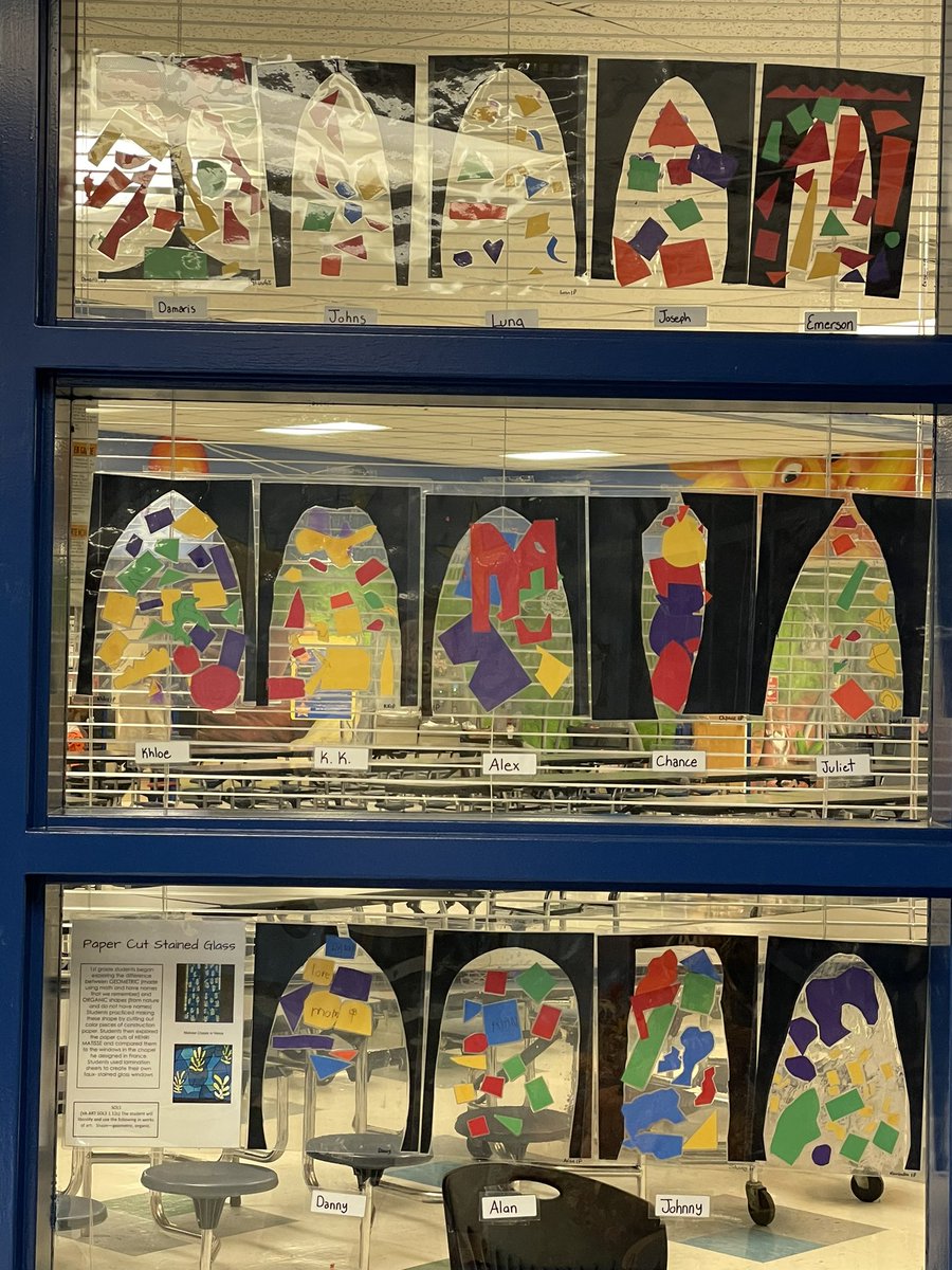 SCES_Resource's tweet image. 1st grade students finishing up their “faux-stained glass” pieces inspired by the Matisse Chapel in Vence. Students practiced cutting organic and geometric shapes and arranged them on a laminating sheet! We love our Art Stars! @CCPSVISARTS @ccpsinfo @SCESStars