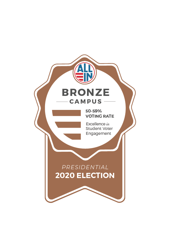 "Congratulations to you and Weber State University for earning a Bronze Seal from the ALL IN Campus Democracy Challenge for nonpartisan student voter participation efforts in the 2020 Election!"
Thank you Weber State! Stay involved and let's climb to Gold in coming elections