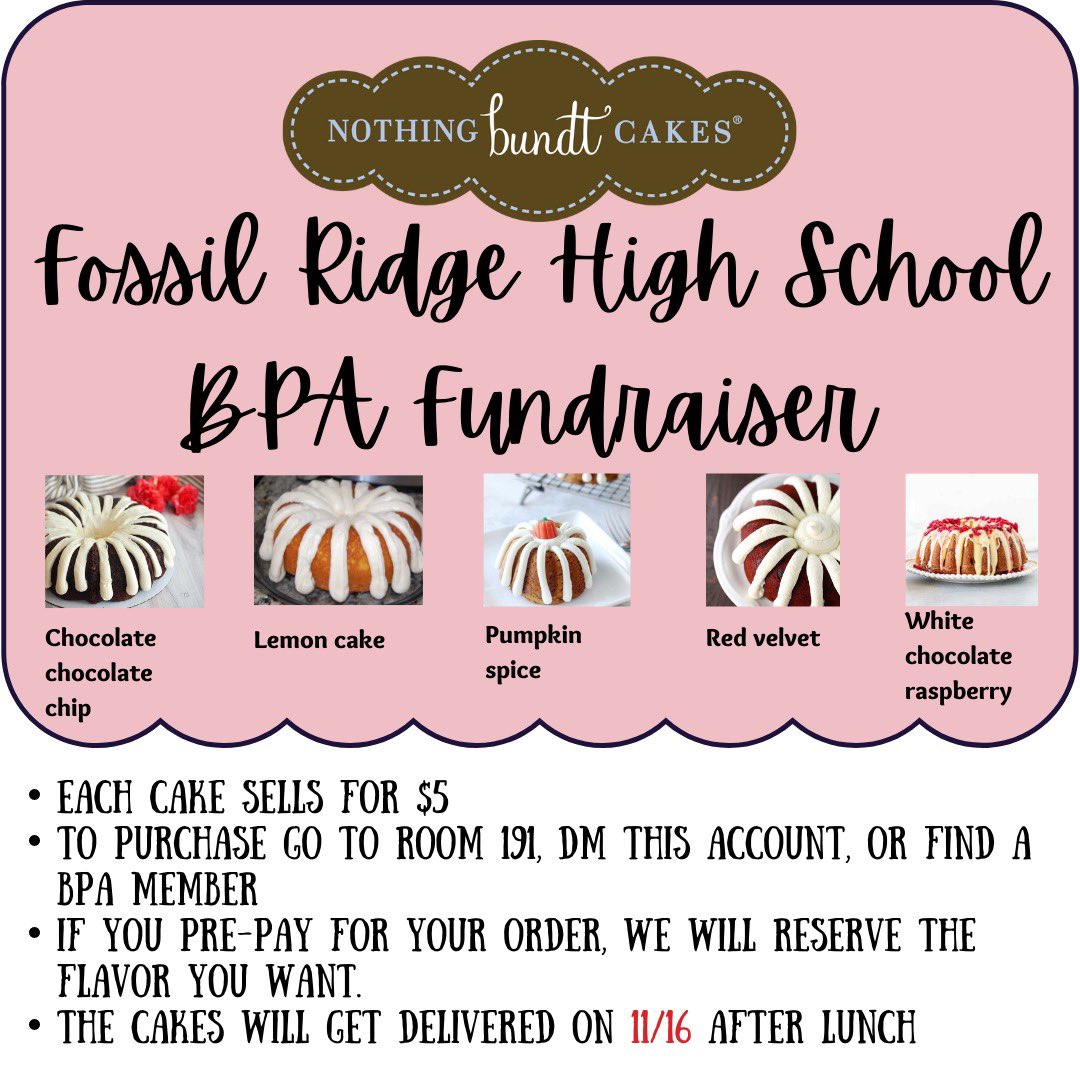 Hello BPA members ☺️! We are selling Nothing Bundt Cake bundtlets to help raise money for our competitions for this school year. It would be great if you guys could promote this on your social media and advertise it to your friends, family, or teachers. 🍰😋
#nothingbundtcakes
