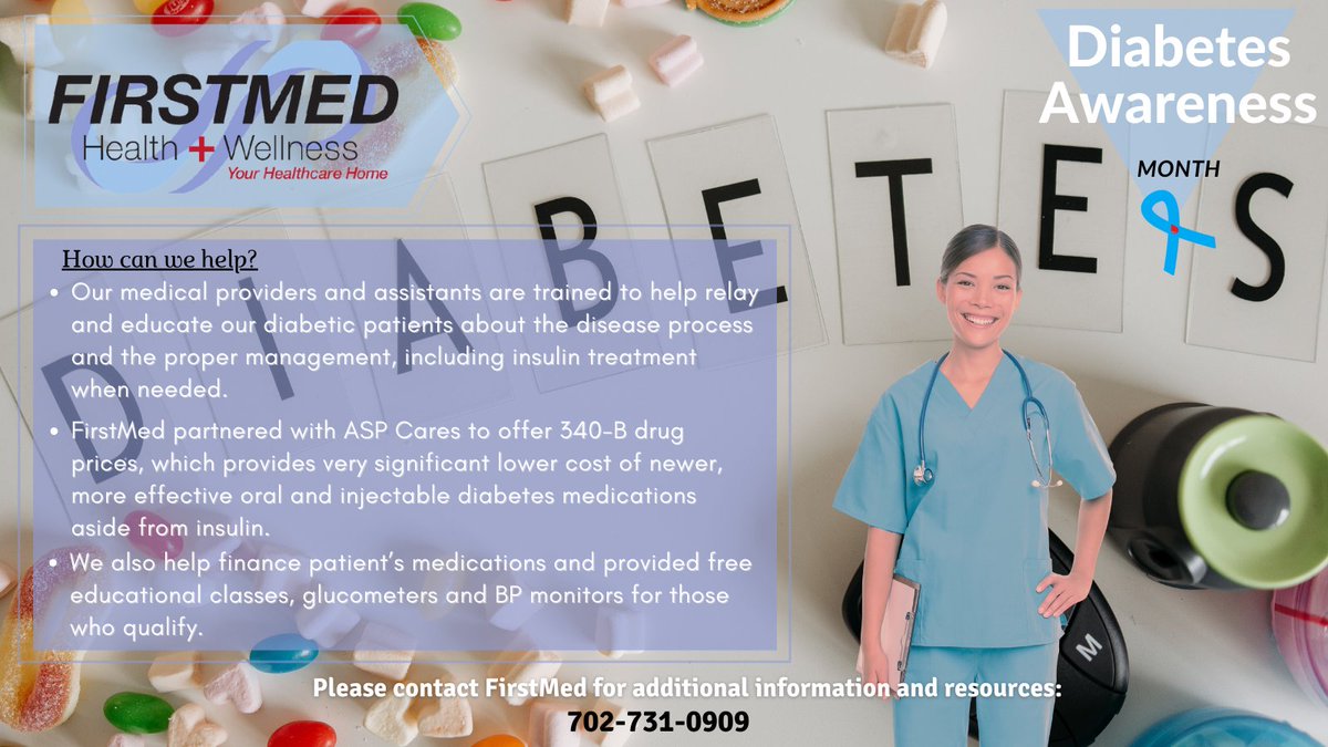 FirstMedNevada's tweet photo. November is Diabetic Awareness month!
FirstMed provides proper care and management to our diabetic patients. If you or your love ones have or at risk of having diabetes. Please contact us to schedule an appointment or if you need any additional resources. 😊 https://t.co/Lrju1OkEle