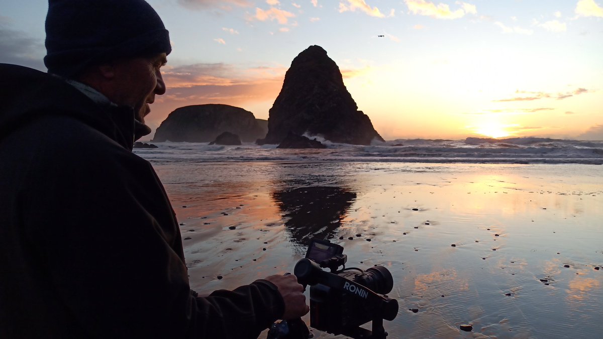 ShanebrookM's tweet photo. Chuck Chill capturing the beauty in our penultimate scene for #BadFishMovie while @RaccoonHutin flies his drone out to sea. Double duty to capture this gorgeous sunset at Whaleshead Beach. https://t.co/8i5GCTzcWz
