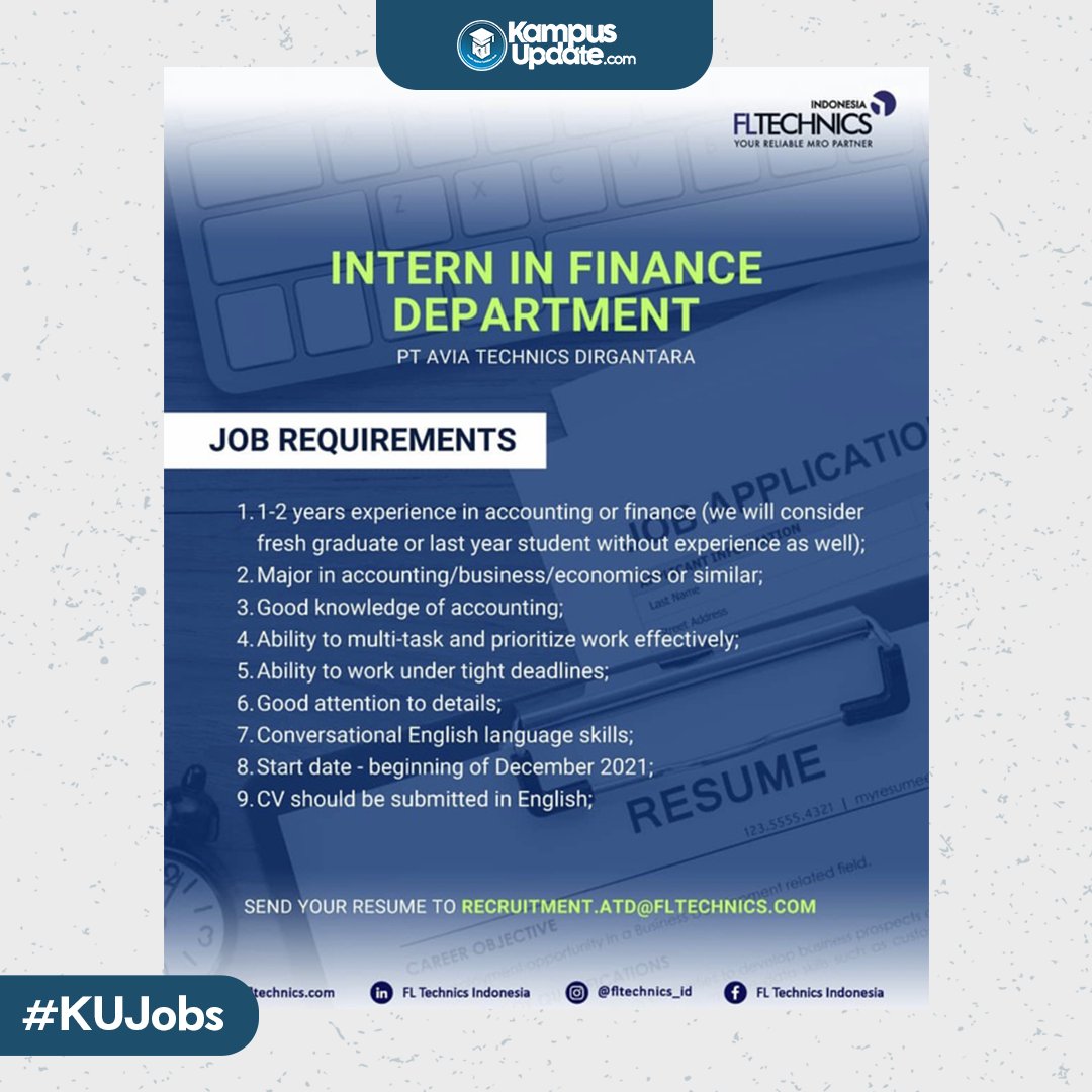 KampusUpdate's tweet photo. Pagi Updaters !
FlTechnics membuka kesempatan magang untuk posisi di Finance Department !
Kirim CV ke 👉 recruitment.atd@fltechnics.com
📍Tangerang
#KUJobs #Infomagang #internship #FLTechnics https://t.co/3dF4aFfF4G