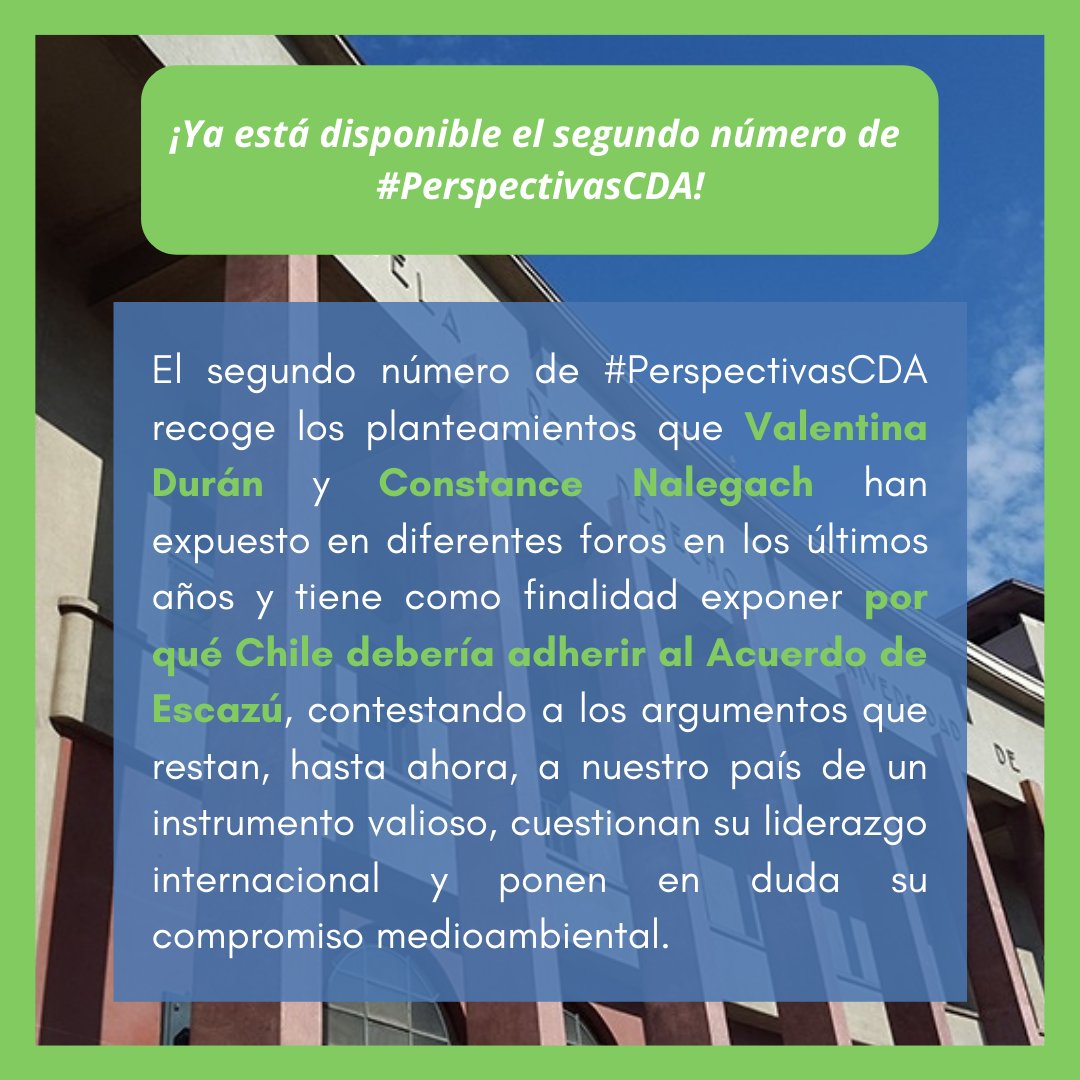 cdauchile's tweet photo. 🍀 Hoy recordamos el 2° número de #PerspectivasCDA: «¿Por qué #Chile debe adherir al #AcuerdoDeEscazú?», escrito por @ValeDuran y @ConnieNalegach y editado por @FabianaJuantok y Claudio Osses (publicado en noviembre de 2020): https://t.co/06uUuhJS8L | #EscazúAgreement https://t.co/9mpnbRTh8U