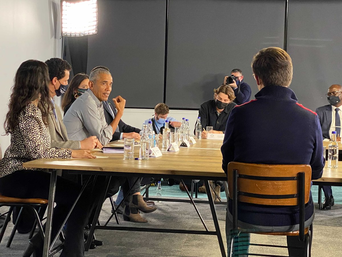 JasonBordoff's tweet photo. We were honored today @columbiaclimate to host @BarackObama @COP26 for a roundtable with youth climate activists, incl @Columbia &amp; @ColumbiaSIPA students &amp; #ObamaScholars alumni, where he encouraged activists to stay angry &amp; frustrated but channel that into productive action. https://t.co/v5VTVapmhe