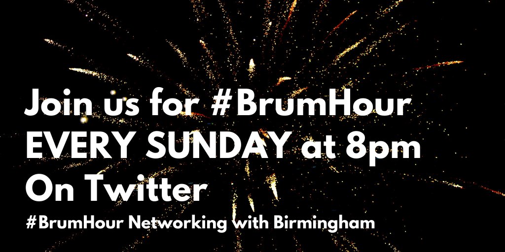 Join us for #BrumHour Networking with #Birmingham every Sunday at 8pm to share about your business, freelancing skills, venues or charity work.

Just add #BrumHour to your tweets, follow this account &amp; retweet others.
Discover more at brumhour.co.uk