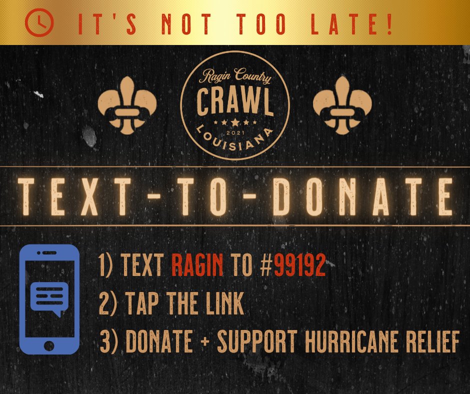 Ragin_Country's tweet photo. The music’s over, but the cause continues! 💪

If you had a blast at the #RaginCC last night, don’t forget to donate to Louisiana Hurricane Relief efforts.

Text RAGIN to #99192 to contribute to the cause and support the great people of Louisiana. https://t.co/aOzpa5IxO4