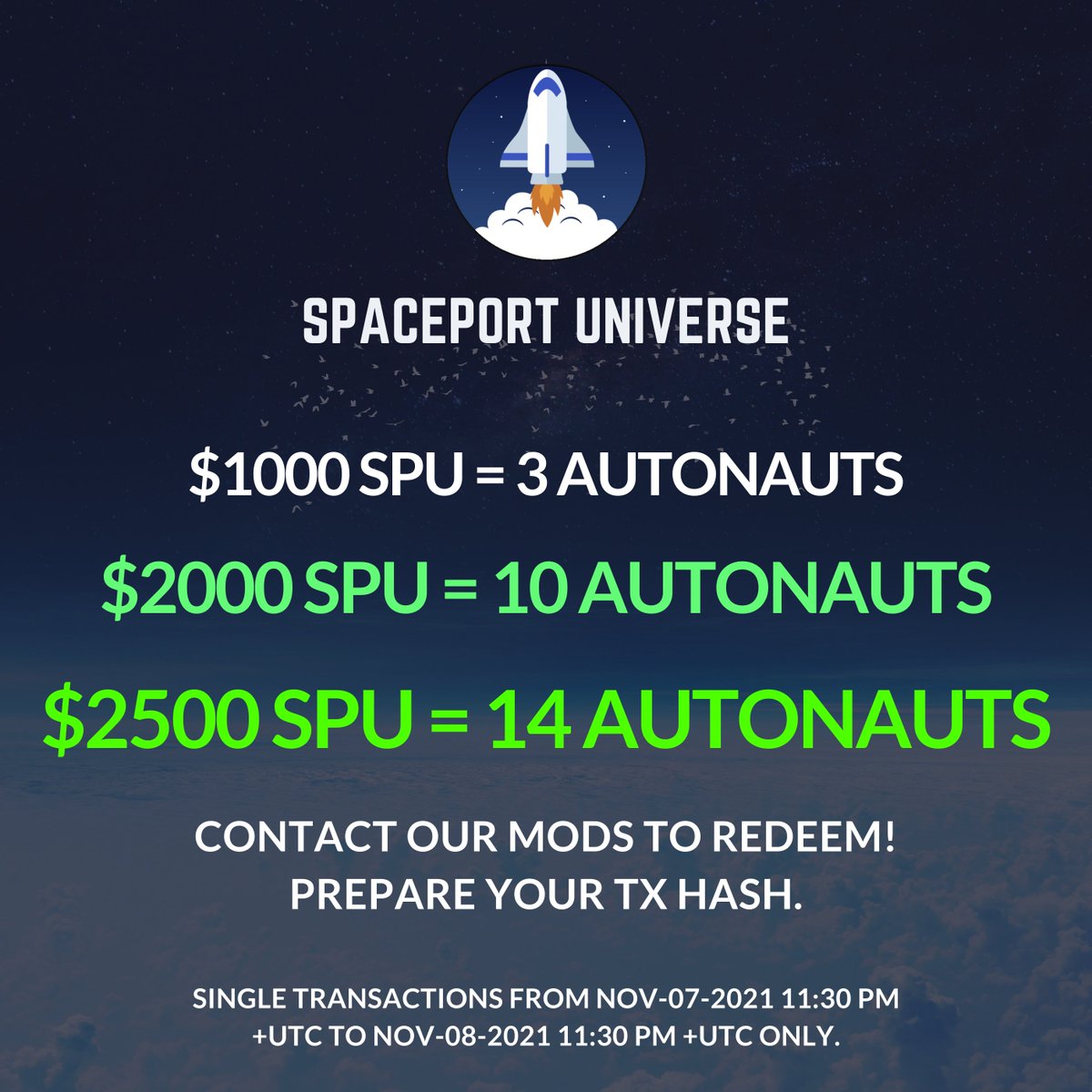 Thank you for participating in our 24-hour $SPU Promotion. 💰🎁

Valid transactions are only from Nov-07-2021 11:30PM +UTC to Nov-08-2021 11:30PM +UTC.

Go to #announcements on our Official Discord and follow the instructions to redeem! 🔥