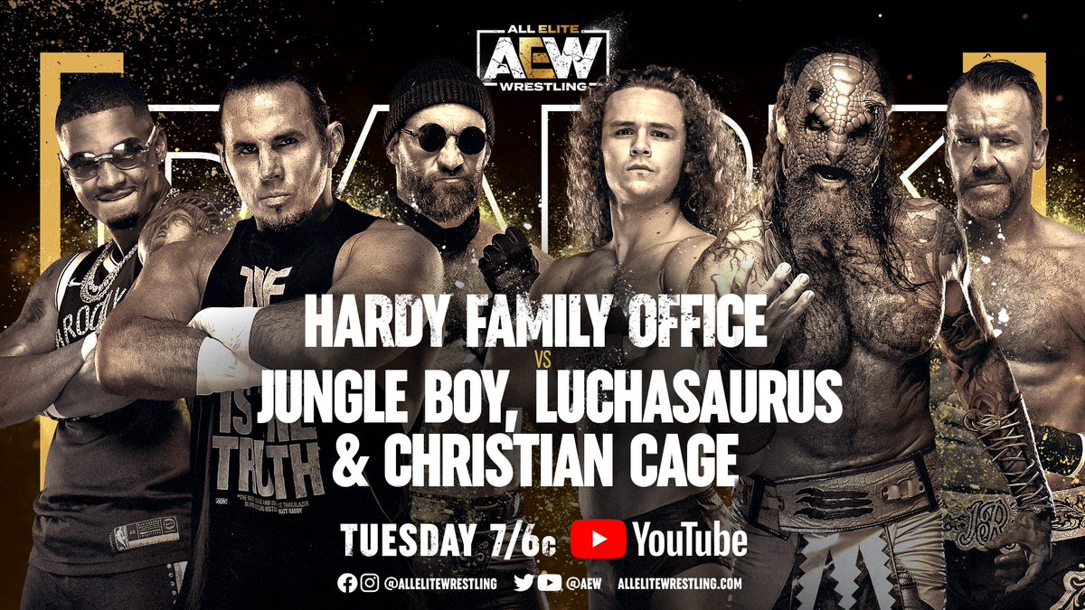 AEW's tweet photo. Before their Falls Count Anywhere match against the #SuperKliq This Saturday at #AEWFullGear on PPV, @Christian4Peeps, @luchasaurus & @boy_myth_legend take on #HFO’s @MATTHARDYBRAND, @BladeofBuffalo & @IsiahKassidy TOMORROW on #AEWDark at 7/6c - https://t.co/lBSV4sbfpB https://t.co/kSf9rChO1a
