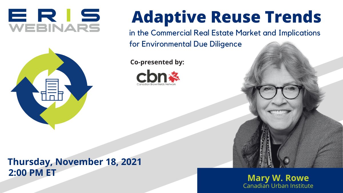 CANADA - <a href="/rowemw/">Mary W Rowe</a> is a leading urban advocate and civil society trailblazer who has worked in cities and communities across Canada and the US. She will be joining the #ERISInformation webinar on Nov. 18 exploring trends in #AdaptiveReuse. 

ow.ly/eObH50GIzaO
<a href="/CdnBrownfields/">CBN</a>