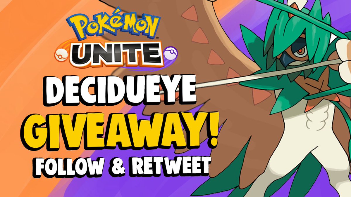 ✨ DECIDUEYE GIVEAWAY <a href="/PokemonUnite/">Pokémon UNITE</a> ✨

TRAINERS! I'm EXTRA excited for this one! 

~ RETWEET &amp; FOLLOW TO ENTER! 

The winner will be contacted a day after its release and will be given through eShop/Apple/Playstore code or Paypal! 

WOO~ 2 giveaways this month!