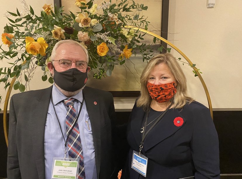 OntarioSheep's tweet photo. Minister Thompson and OSF chair John Hemsted pictured here at tonight’s  #FPT ministers reception. Thank you Newmarket meats for proving the lamb spiedinis @LisaThompsonMPP @OMAFRA #sheep #Ontario https://t.co/o7bkXmou0W