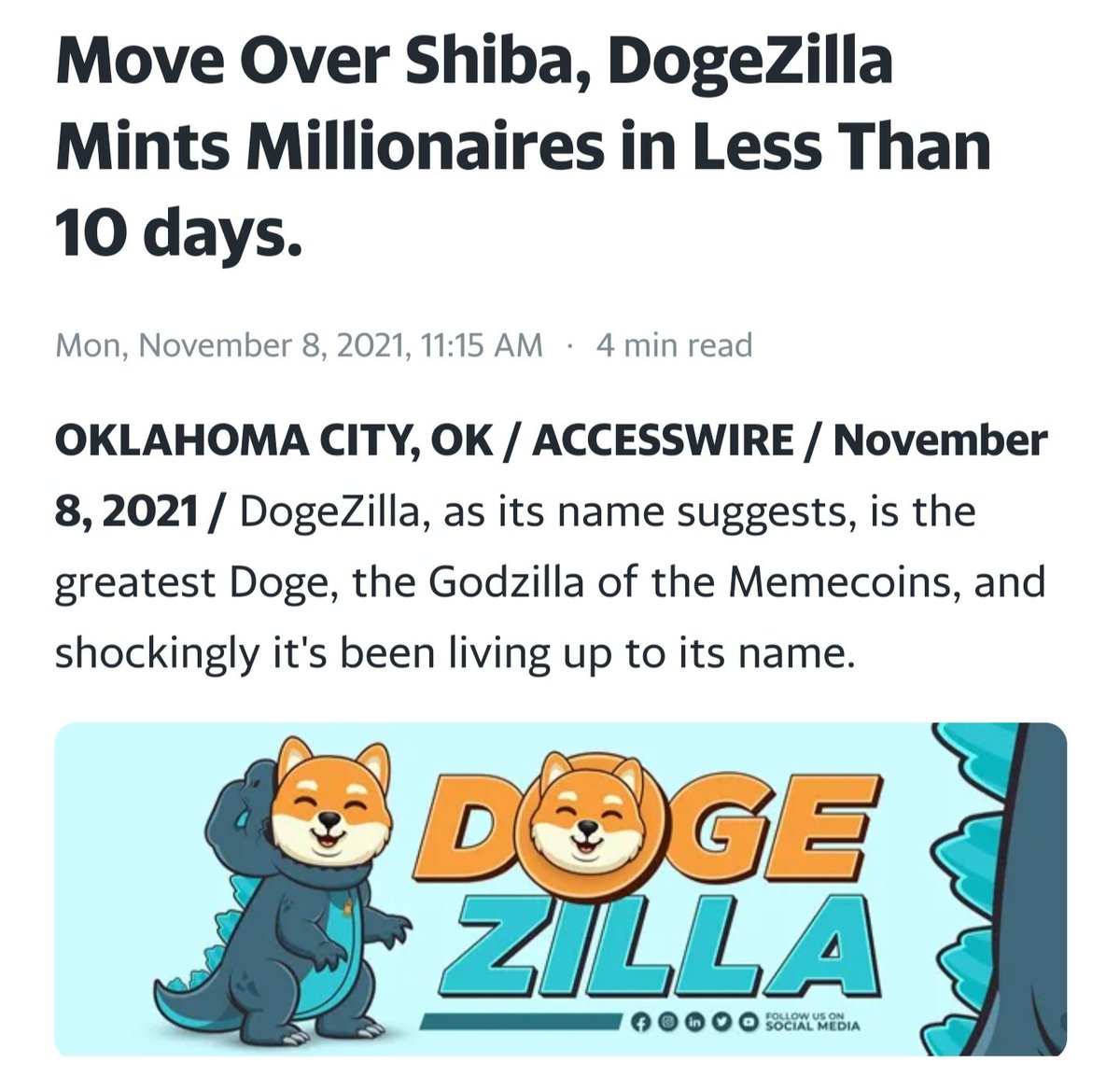 SatoshiOwl's tweet photo. 🔥 @DOGEZILLACOIN IS MAKING MILLIONAIRES !!

☑️ 160k holders in only 14 days
☑️ Over 1,000,000% gain

YAHOO! NEWS
📰 https://t.co/7r9GQDDe5e 

Buy on @PancakeSwap:
🥞 https://t.co/h3oqJAkr5d

🚀🚀🚀

#dogezilla #doge #shiba #floki #PCS #babydoge #safemoon #BSC #MEME #BNB https://t.co/vl6RioIocw