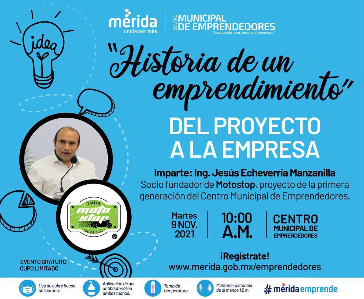 AyuntaMerida's tweet photo. El Centro Municipal de Emprendedores te invita a conocer la Historia de un Emprendimiento: “Del proyecto a la empresa”, del ingeniero Jesús Echeverria Manzanilla, socio fundador de Motostop.

🗓 Martes 09 de noviembre
🕣 10am 
➡️Regístrate en https://t.co/RtSVDFFjmf. https://t.co/2lBQ4BpOzn