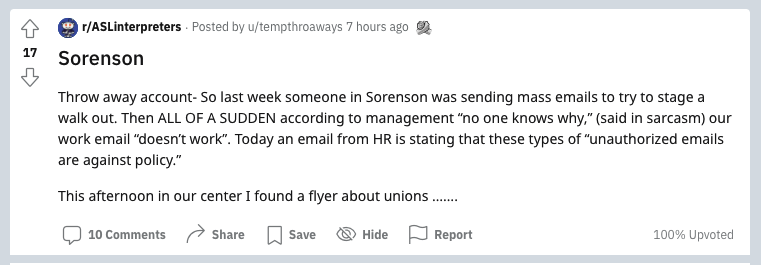 Calling all interpreters: We would be interested in knowing more about the union thing at Sorenson Communications?! DM us or email mary@deafvee.org