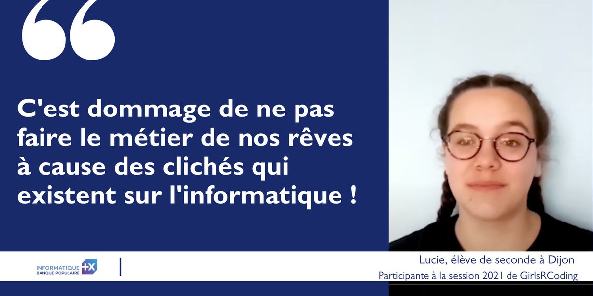 InformatiqueBP's tweet image. 👨‍💻=👩‍💻  Parce que chez @InformatiqueBP, il n&apos;y a pas de mission impossible, nous sensibilisons les jeunes filles au #code et aux métiers de l&apos; #IT à travers #GirlsRCoding.
🙏  Merci à Lucie, participante de la session 2021 pour son témoignage ⬇️
youtube.com/watch?v=dGhezG…