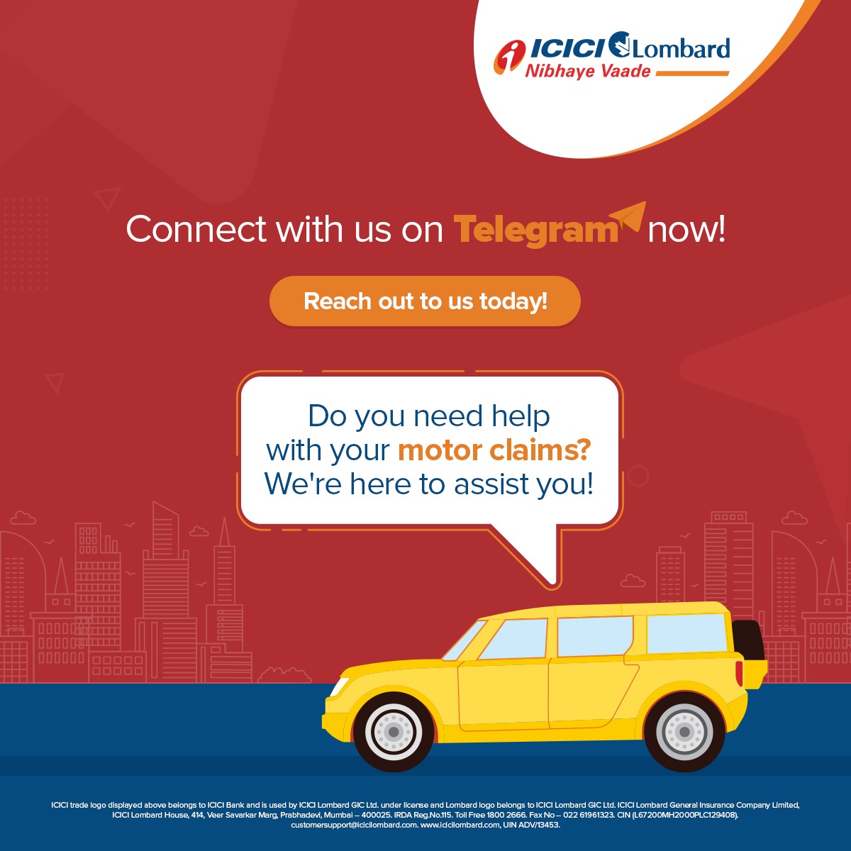ICICILombard's tweet photo. Get all your queries resolved in a matter of minutes! Avail assistance for your motor claim on Telegram today! Message us now: https://t.co/euYoyWtyud #ICICILombard #NibhayeVaade https://t.co/nEIXC0GvI0