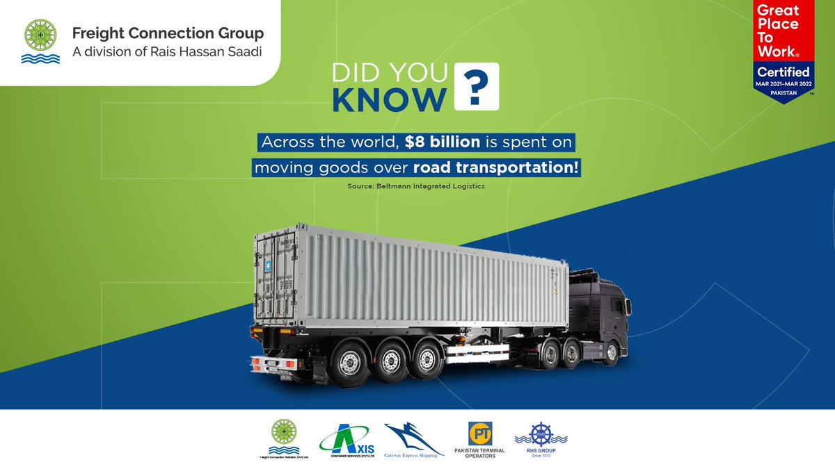 FCPPL_Logistics's tweet photo. From truck drivers and loaders, road freight is a major economy booster belonging to the logistics industry. π
.
βοΈ +92 213 514 7777-81
π§ info@fcg.com.pk
π https://t.co/NYXW7UkOFz
.
.
#FreightConnectionGroup #FreightConnectionPakistan #FCG #FCPPL #Freighting #Road https://t.co/5V8BNTX9Fc