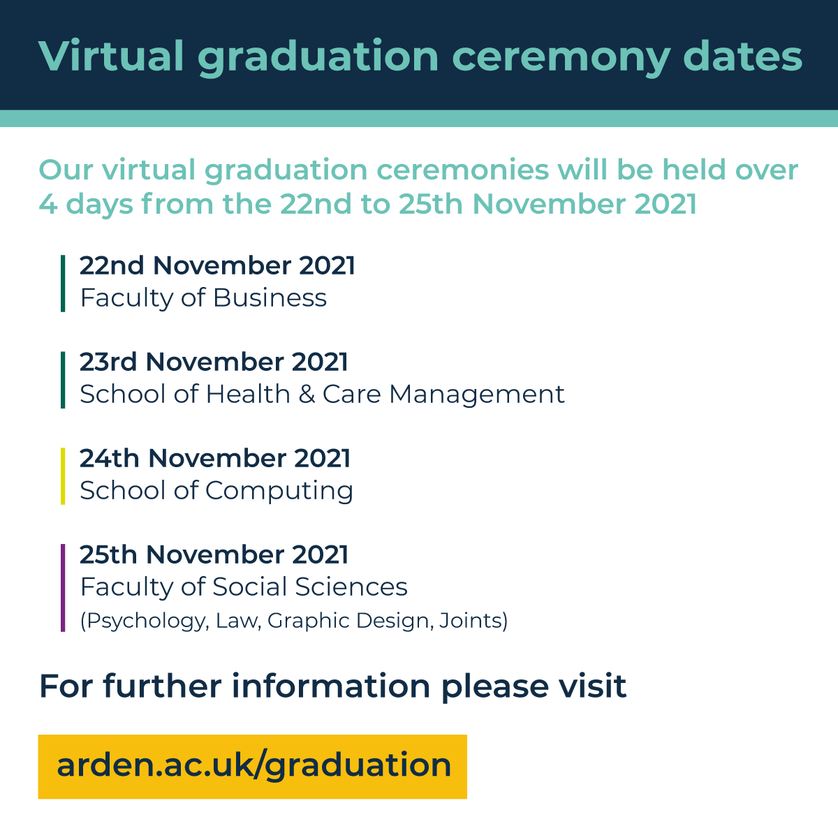 Our virtual graduation ceremonies will be held over 4 days from the 22nd to 25th November 2021 🎓 

For further information please visit the AU graduation webpage: bit.ly/3mEK3AJ