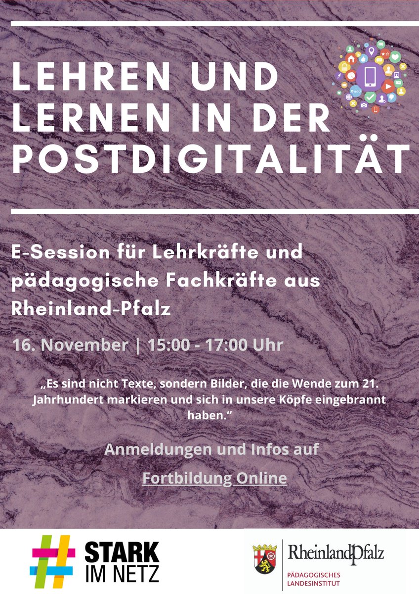 pl_rlp's tweet photo. E-Session „Lehren und Lernen in der Postdigitalität“ – Fokusveranstaltung des #PL_RLP für Lehrkräfte und Pädagogische Fachkräfte am 16. November von 15 bis 17 Uhr mit Prof. Dr. Jan Guido Grünwald
#Starkimnetz #Jugendmedienschutz #Medienkompetenz
Info: https://t.co/VPVKvhKSaG https://t.co/OecdQHvfoo